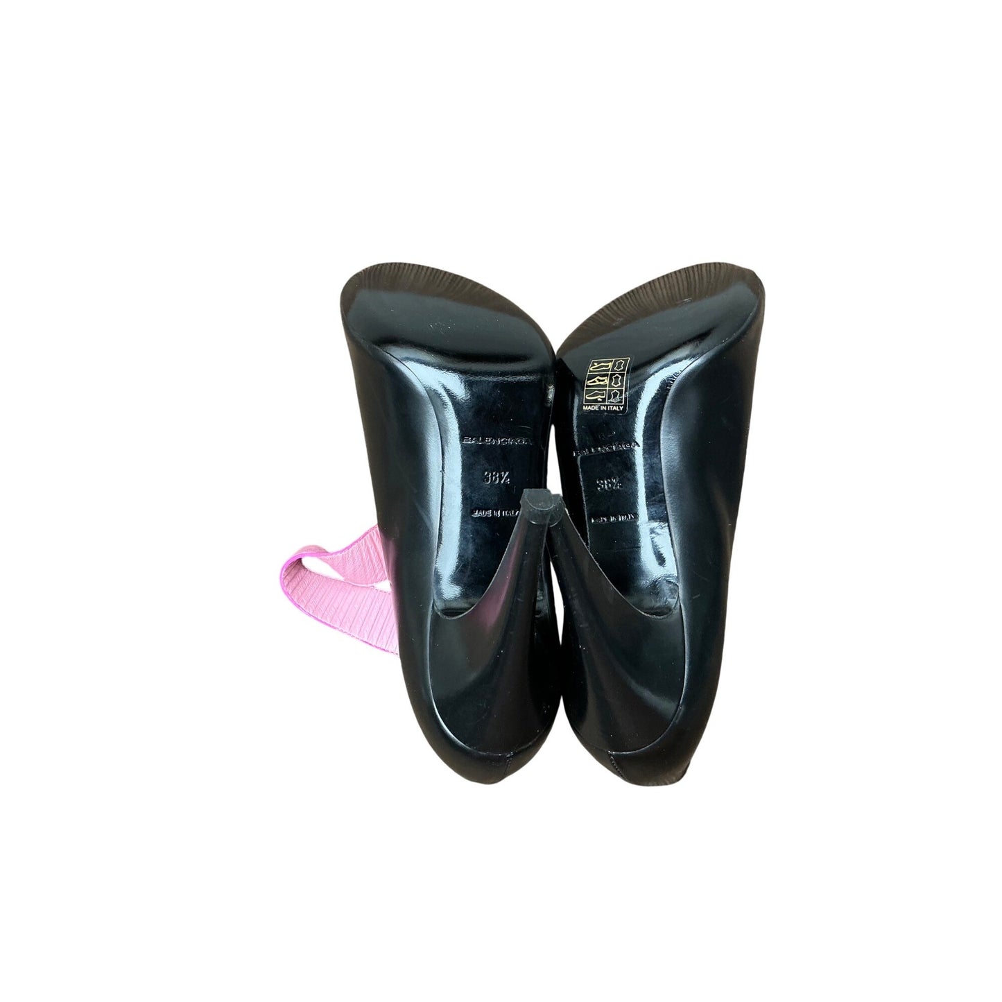 Balenciaga Pink Black Leather Strap Heels Made in Italy Designer Statement Shoes Size 38.5
