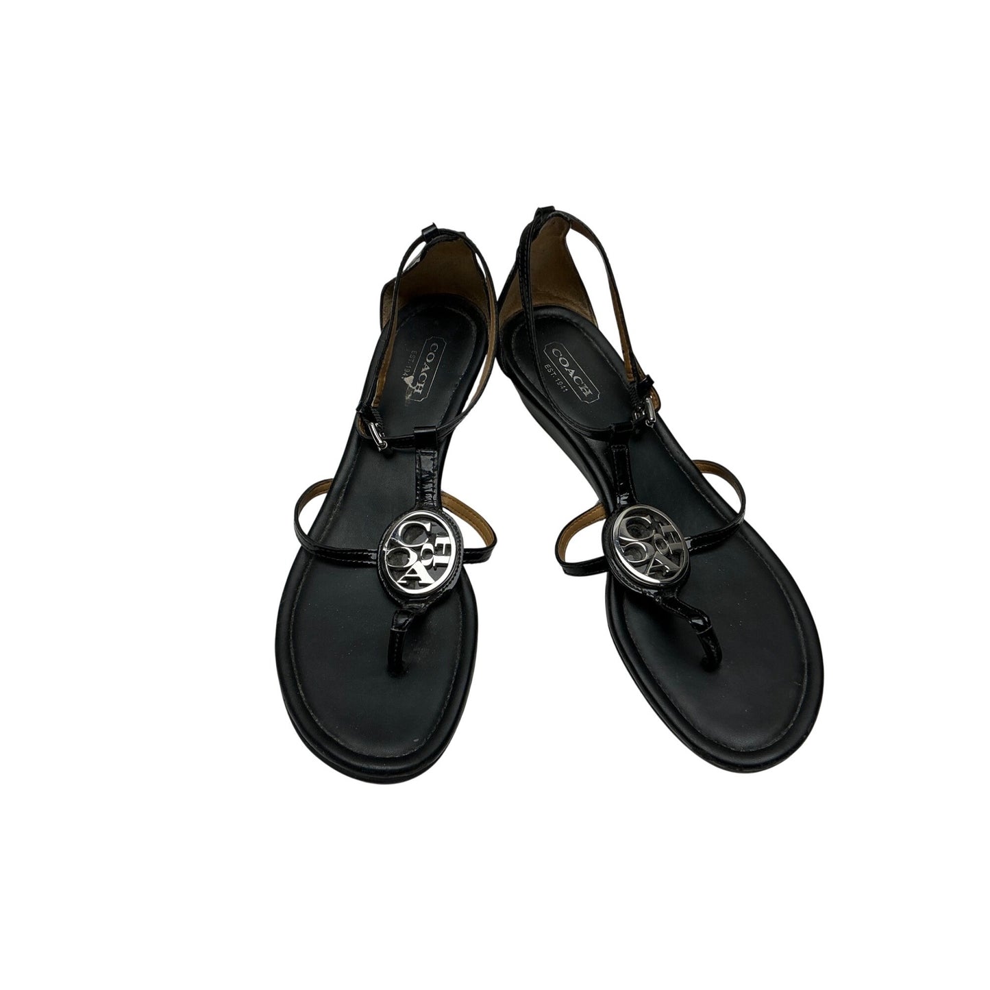 Coach Black T-Strap Thong Sandals Logo Medallion Leather Flat Sandals Sz 7B