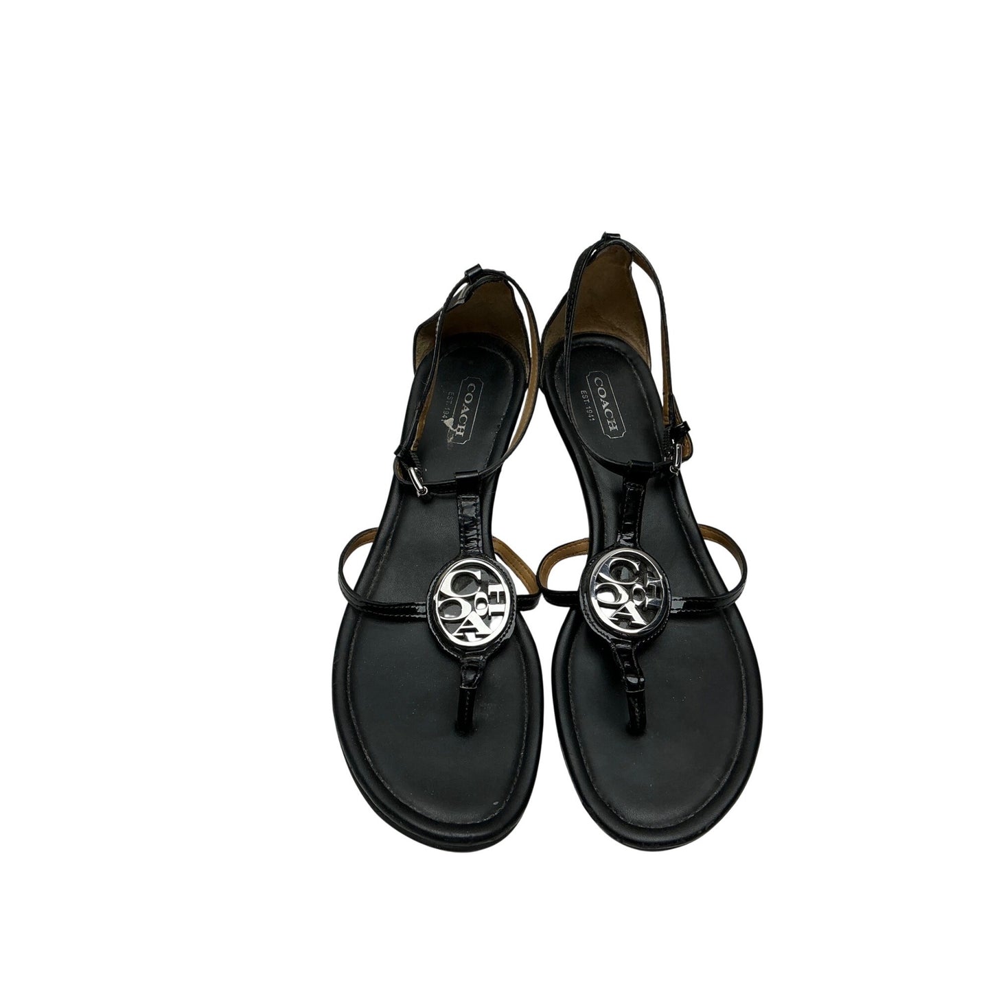 Coach Black T-Strap Thong Sandals Logo Medallion Leather Flat Sandals Sz 7B