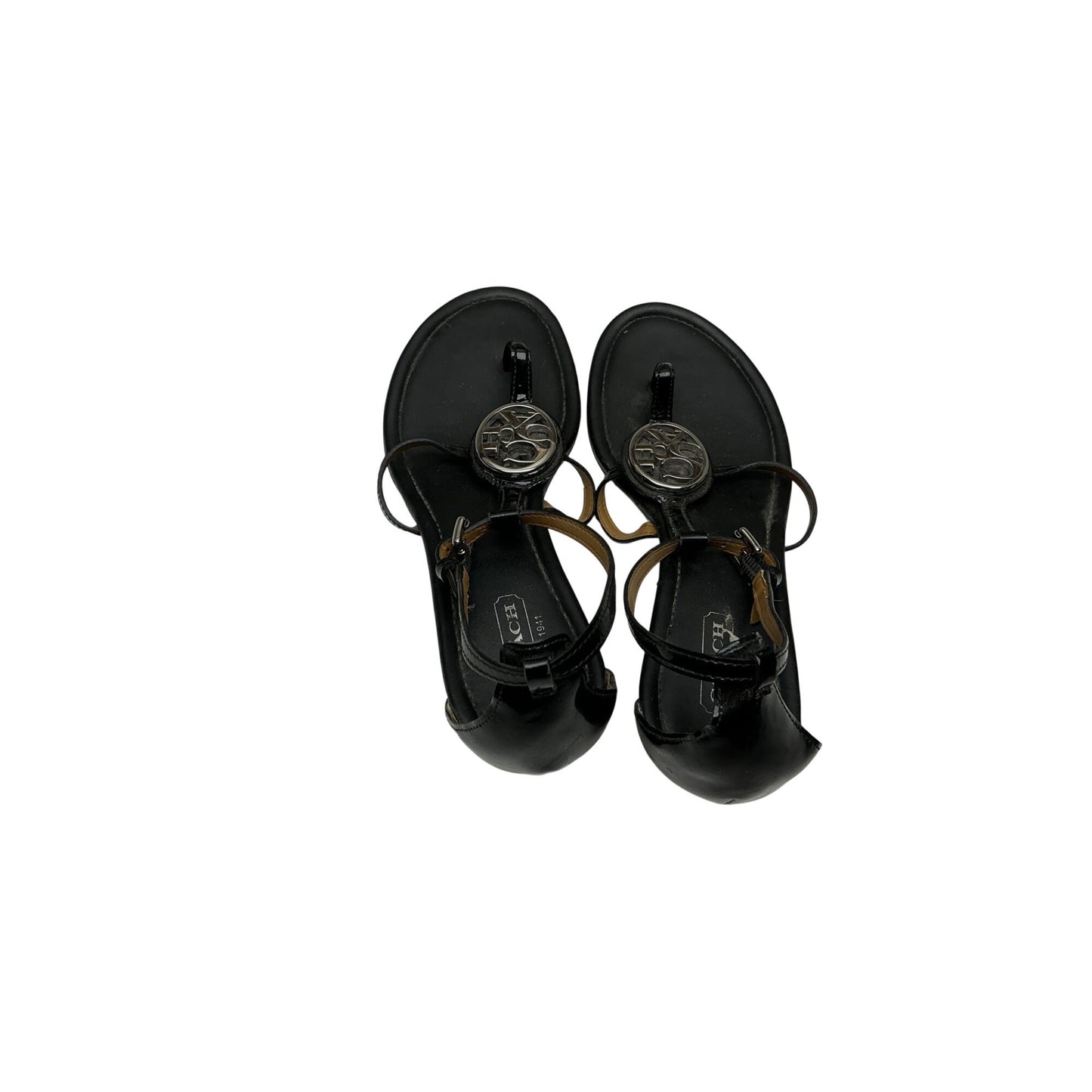 Coach Black T-Strap Thong Sandals Logo Medallion Leather Flat Sandals Sz 7B