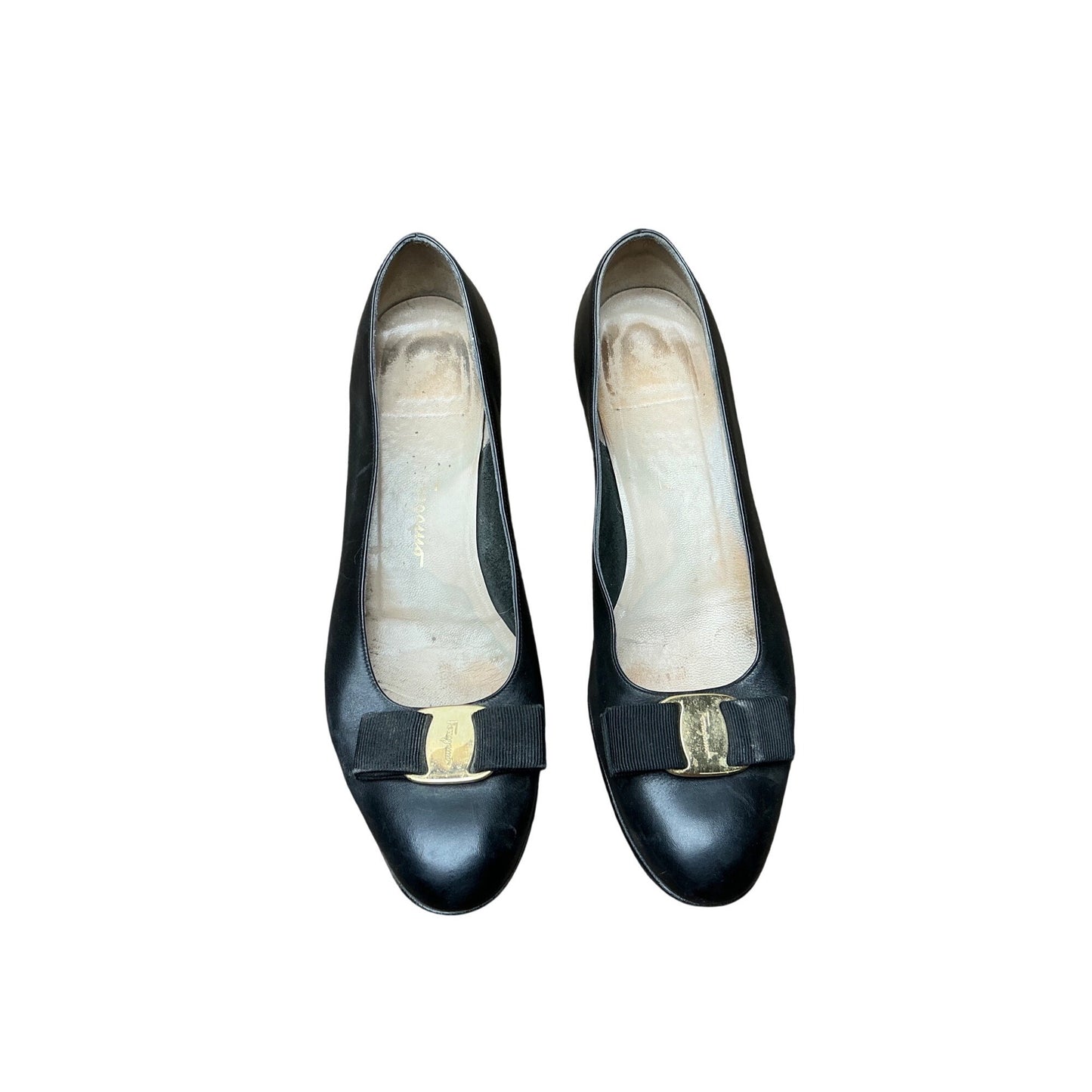 Salvatore Ferragamo Black Leather Vara Bow Pumps Gold Logo Low Heel Womens Size 8B