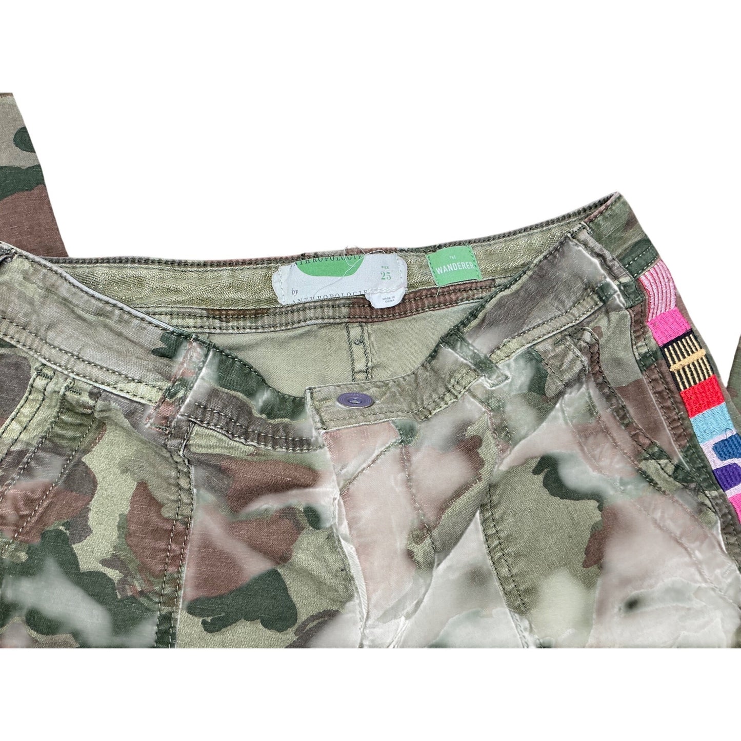 Anthropologie The Wanderer Camo Pants Embroidered Side Stripe Utility Skinny Jeans Size 25