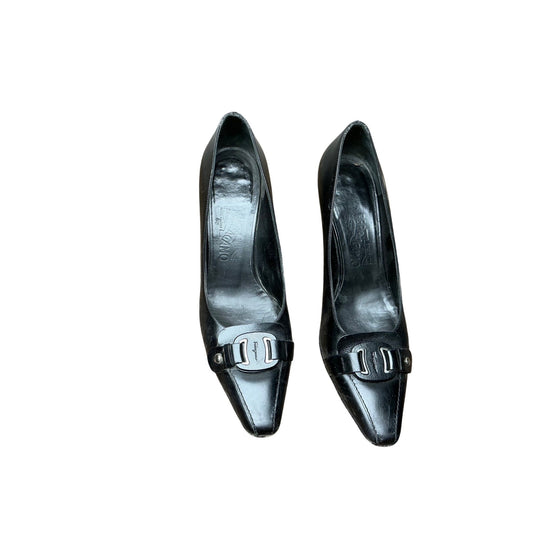 Salvatore Ferragamo Black Leather Pumps Silver Gancini Logo Square Toe Heels Womens Size 10A