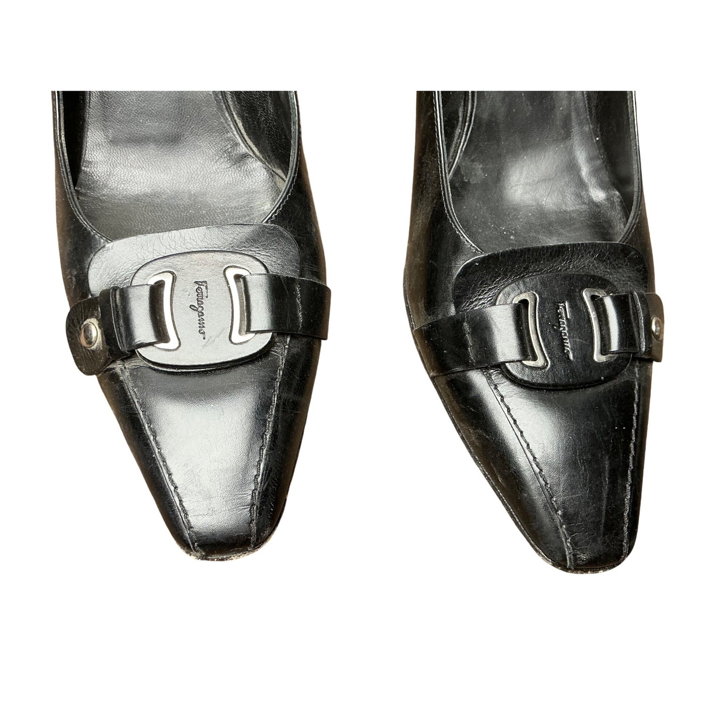 Salvatore Ferragamo Black Leather Pumps Silver Gancini Logo Square Toe Heels Womens Size 10A