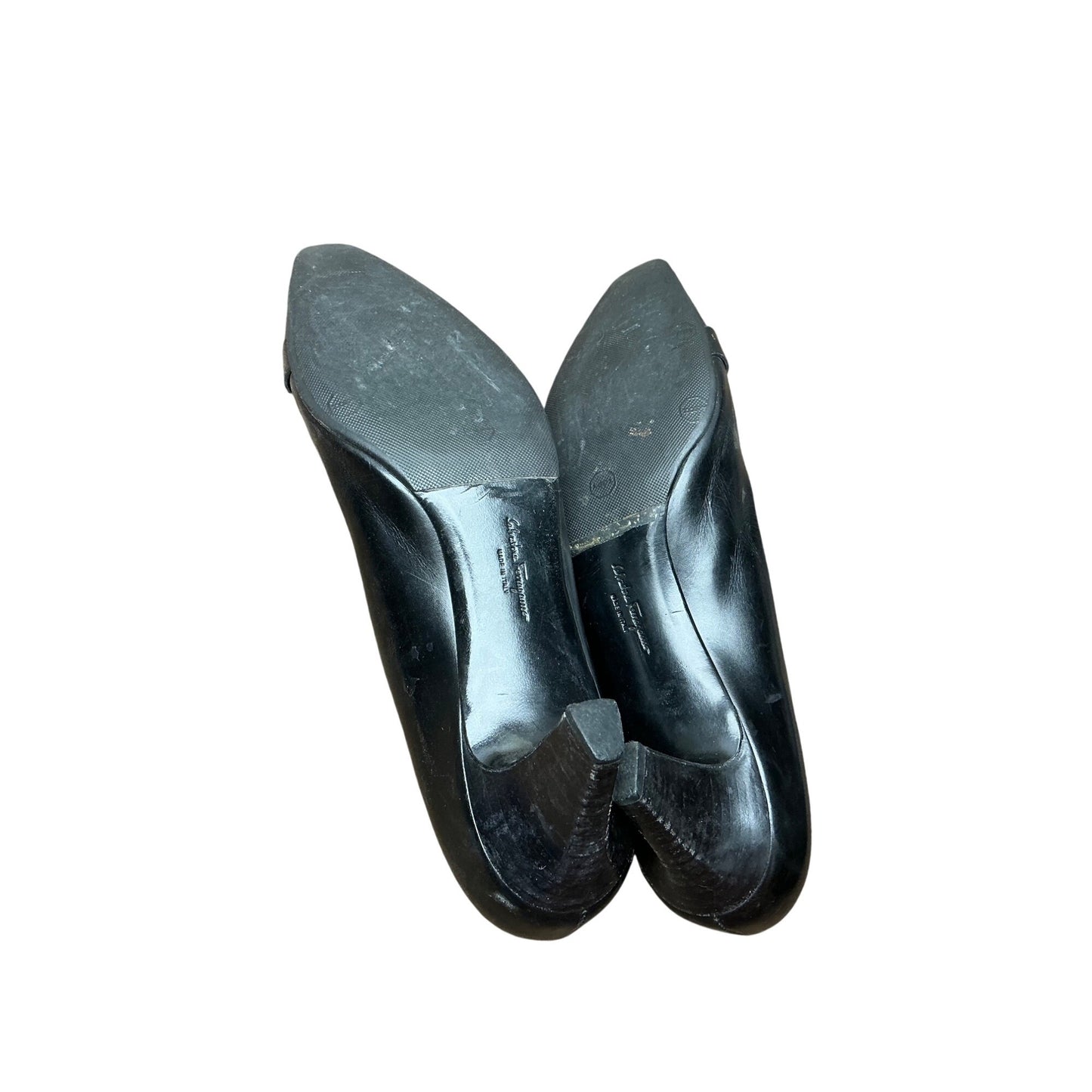 Salvatore Ferragamo Black Leather Pumps Silver Gancini Logo Square Toe Heels Womens Size 10A