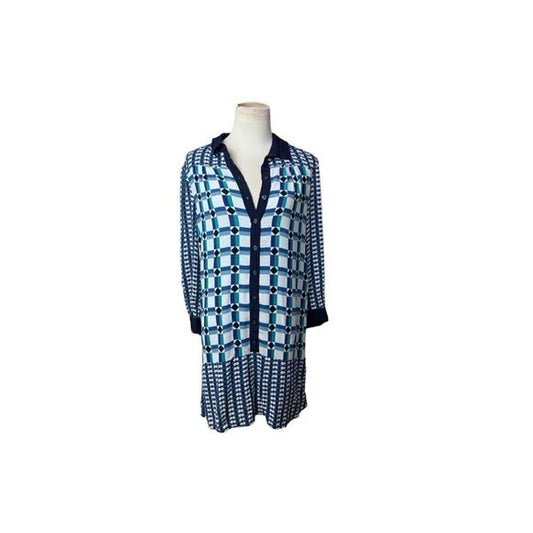Mauve Geometric Print Shirt Dress Blue Black Button Front  Boho Tunic SZ 6