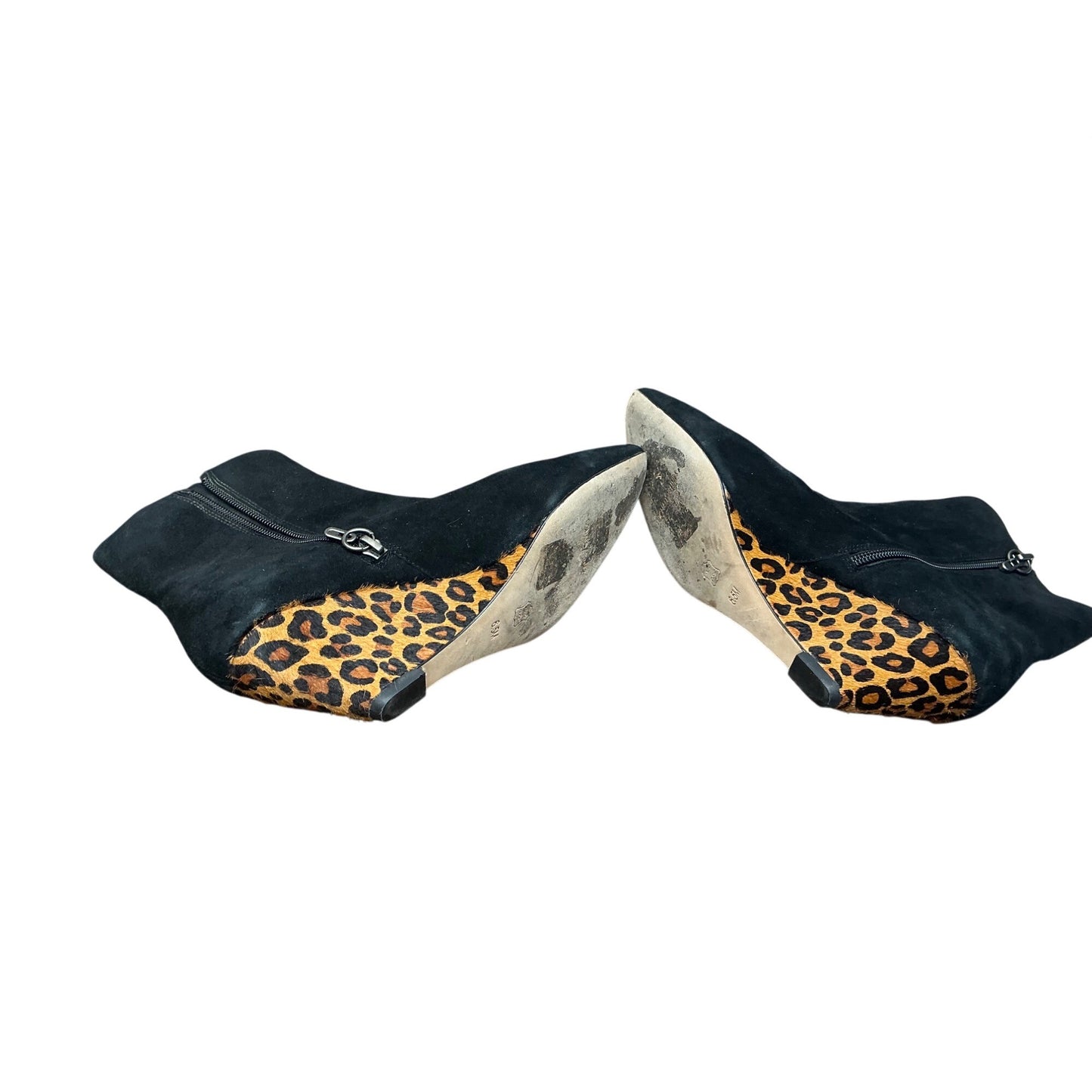 Donald J Pliner Black Suede Ankle Boots Leopard Wedge Heel Side Zip Size 6.5