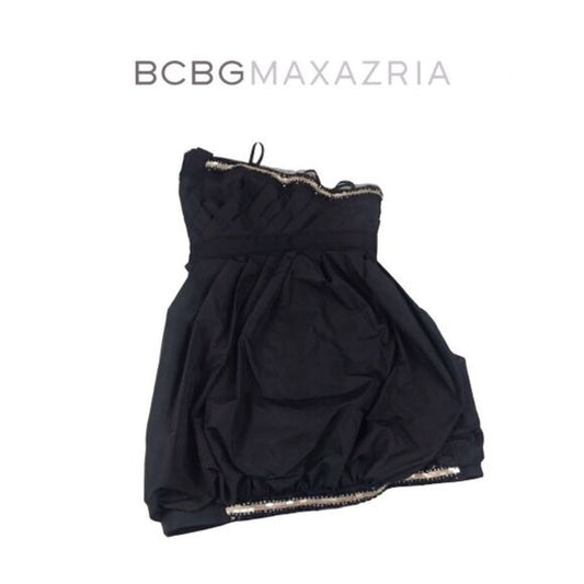 BCBG Max Azria Black Strapless Bubble Hem Cocktail Dress Beaded Trim Sz 0