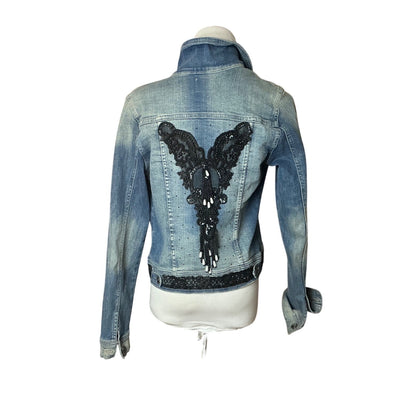 Custom Embellished Cello Denim Jacket Black Angel Wing Lace Rhinestone Women’s XS