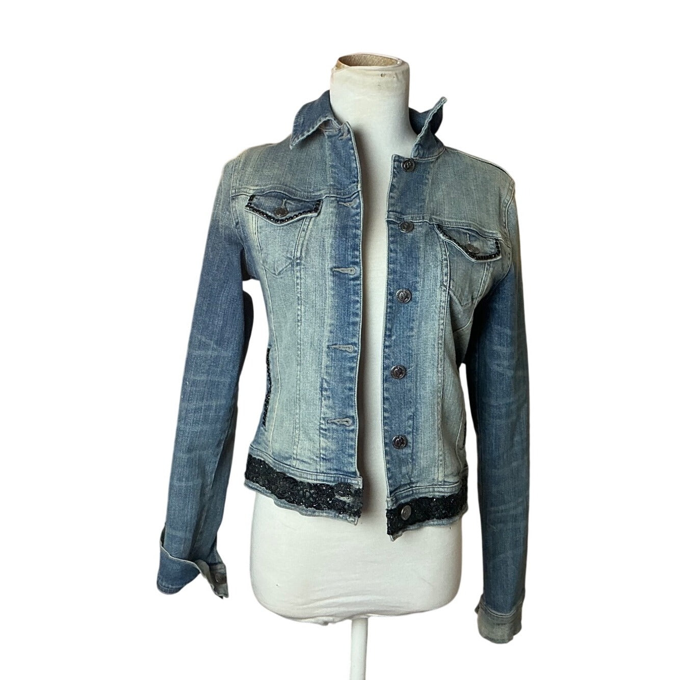 Custom Embellished Cello Denim Jacket Black Angel Wing Lace Rhinestone Women’s XS