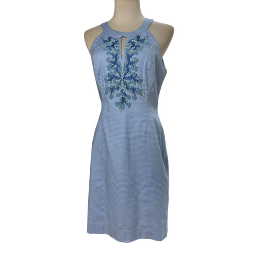 NWT Lilly Pulitzer Blue Embroidered Sheath Dress Beaded Halter Keyhole Sz 6