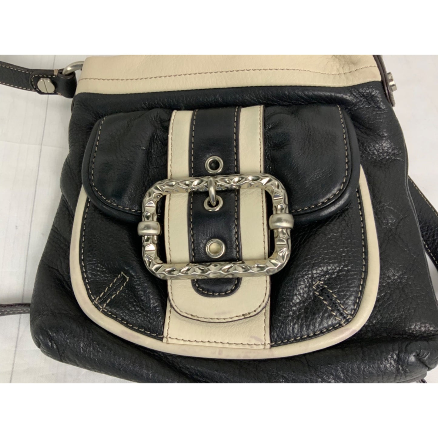 B Makowsky Black and Cream Leather Handbag