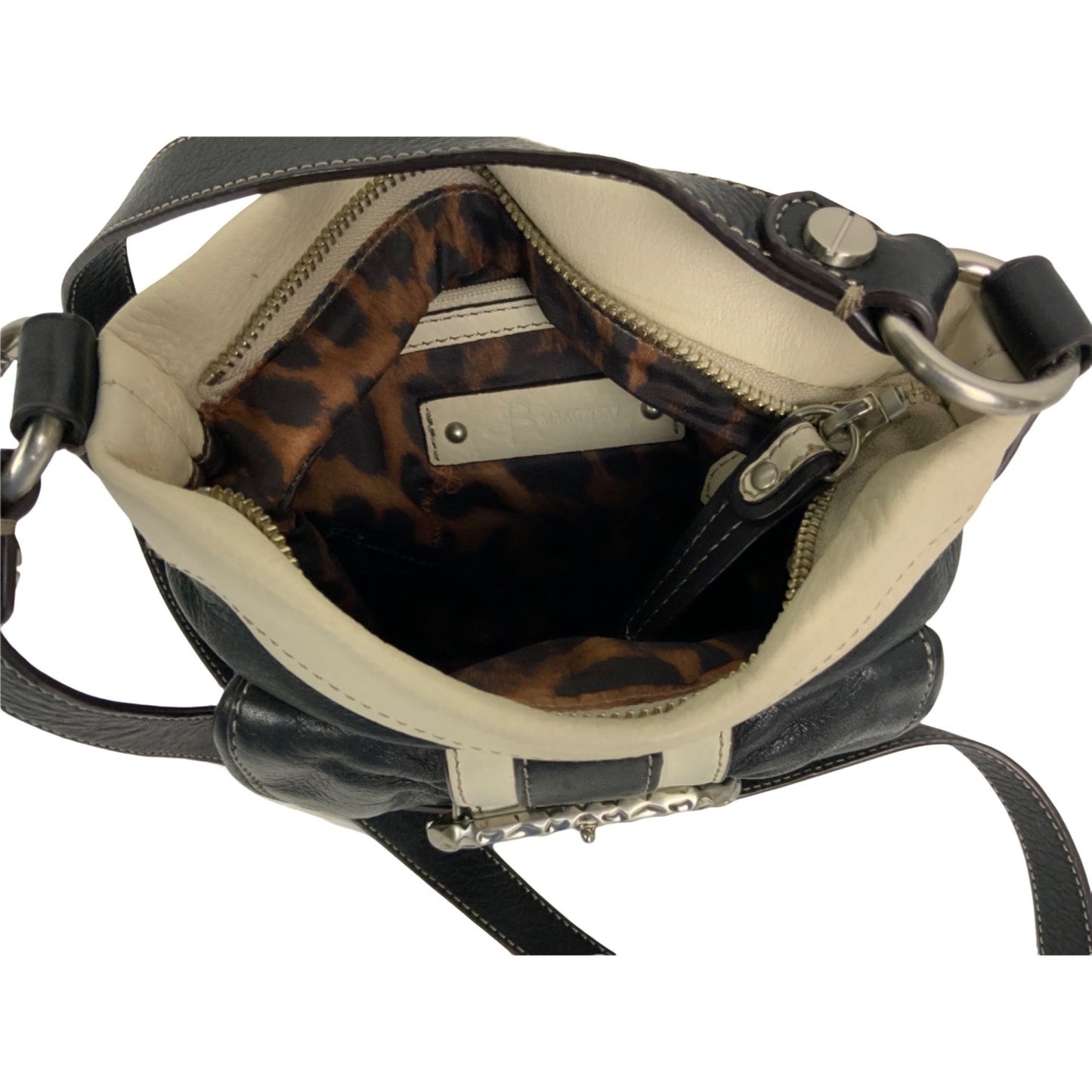 B Makowsky Black and Cream Leather Handbag
