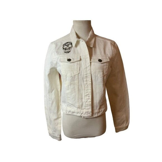 Slate & Clover Originals One-of-a-Kind White Denim Floral Skull Cropped Jacket L