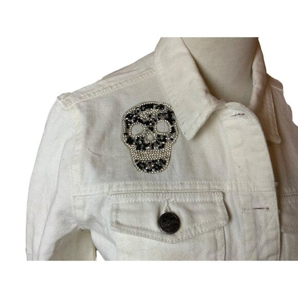 Slate & Clover Originals One-of-a-Kind White Denim Floral Skull Cropped Jacket L