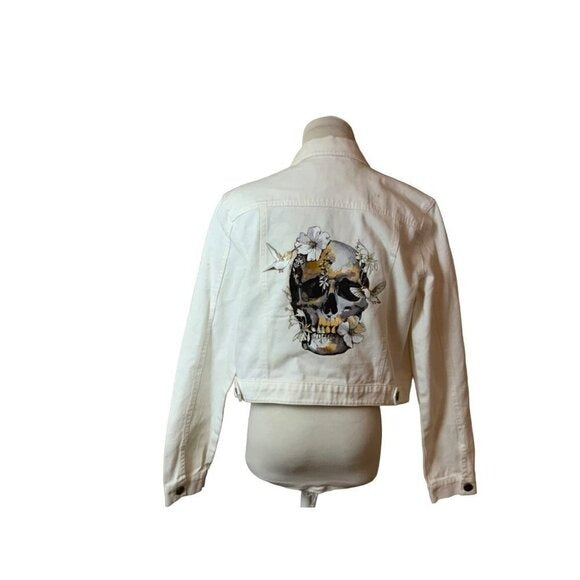 Slate & Clover Originals One-of-a-Kind White Denim Floral Skull Cropped Jacket L