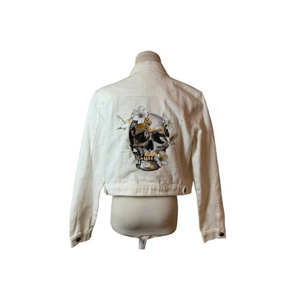 Slate & Clover Originals One-of-a-Kind White Denim Floral Skull Cropped Jacket L