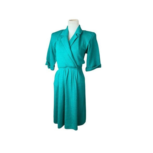 St. John Vintage Turquoise Knit Short Sleeve Wrap Dress Size 4 Made In USA