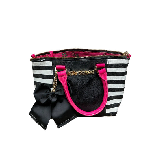 Betsey Johnson Black White Stripe Satchel Bow Handbag Pink Faux Leather Tote Purse