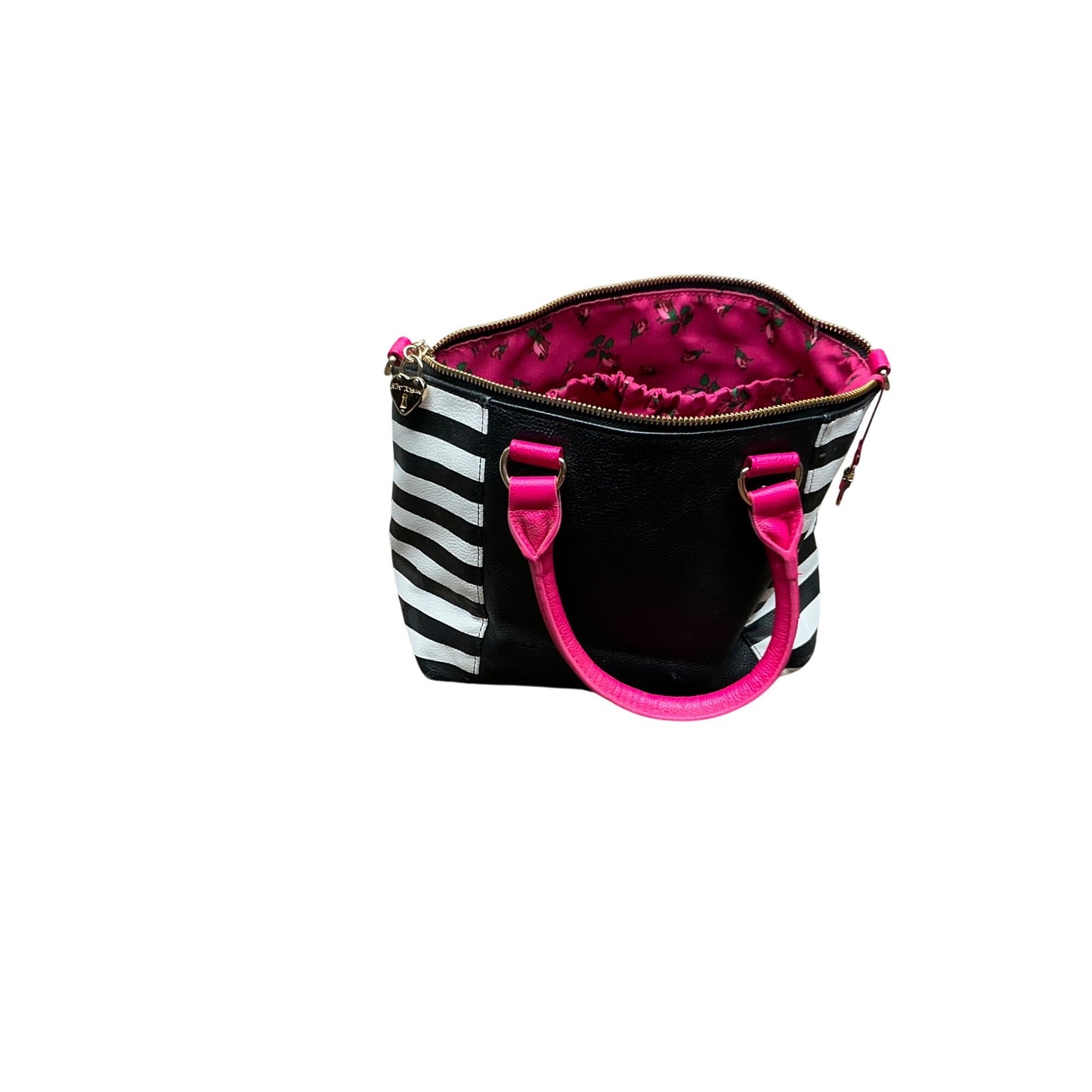 Betsey Johnson Black White Stripe Satchel Bow Handbag Pink Faux Leather Tote Purse