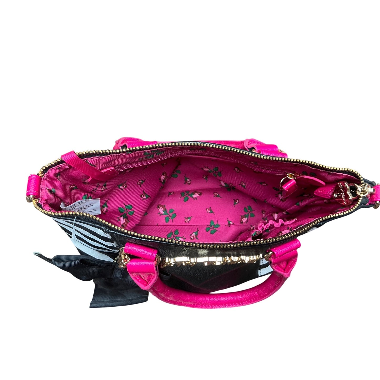 Betsey Johnson Black White Stripe Satchel Bow Handbag Pink Faux Leather Tote Purse