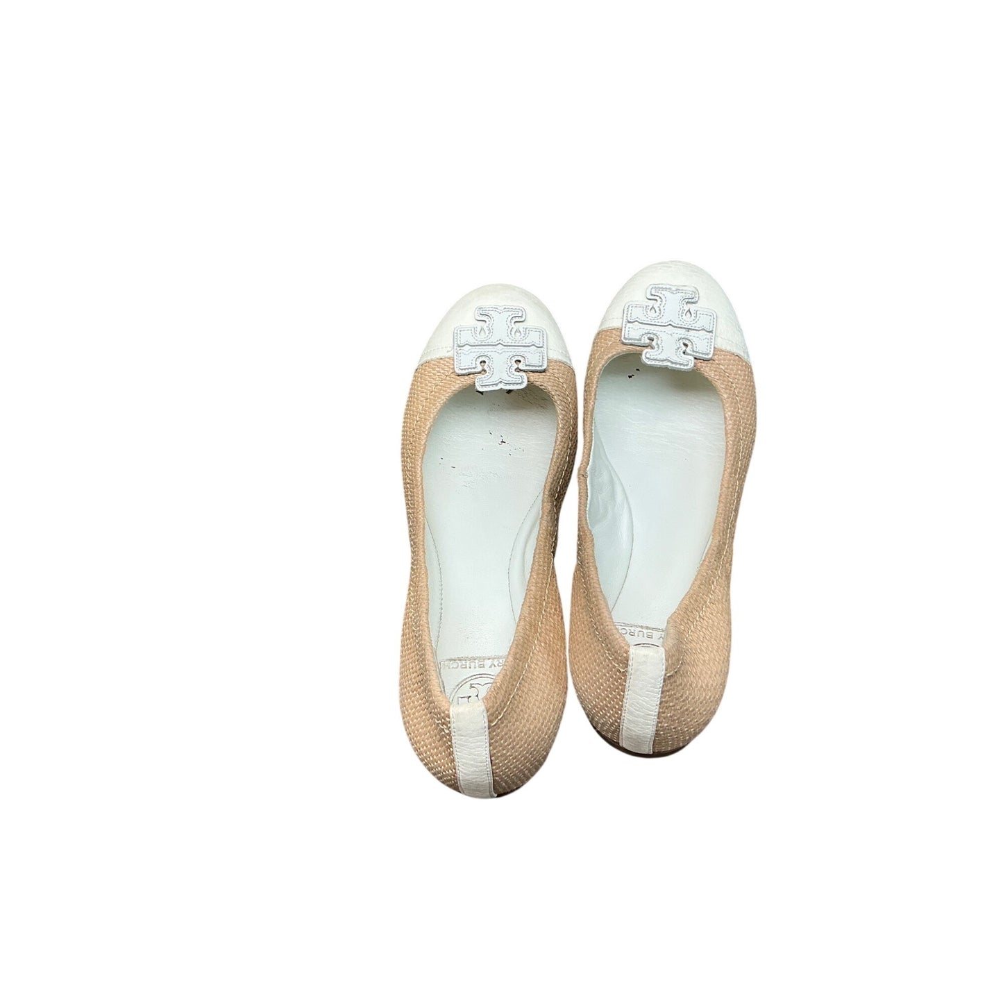 Tory Burch Beige Raffia Flats White Cap Toe Logo Ballet Shoes  Sz 7.5M