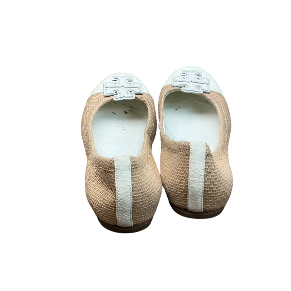 Tory Burch Beige Raffia Flats White Cap Toe Logo Ballet Shoes  Sz 7.5M