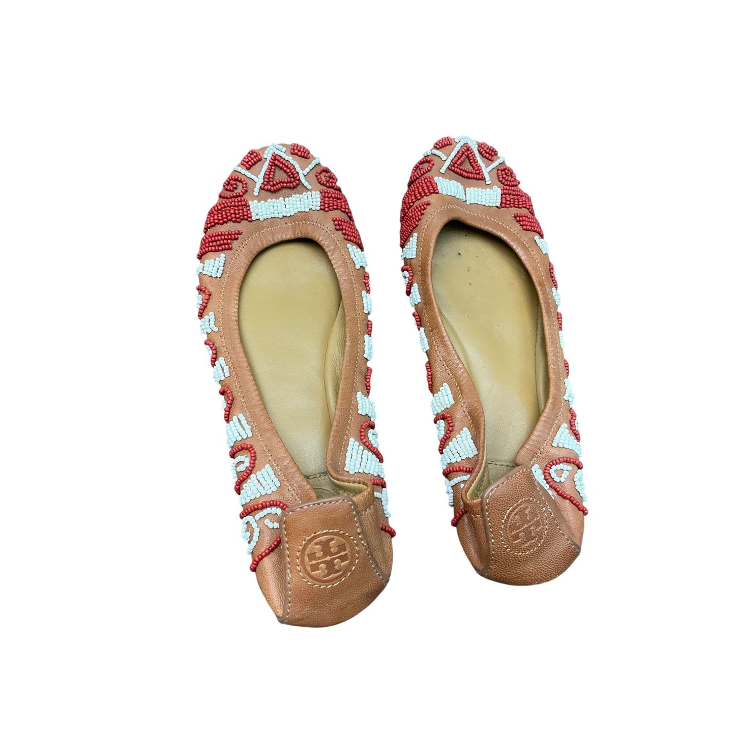 Tory Burch Beaded Ballet Flats Tan Leather Reva Style Boho Embellished  Sz 7