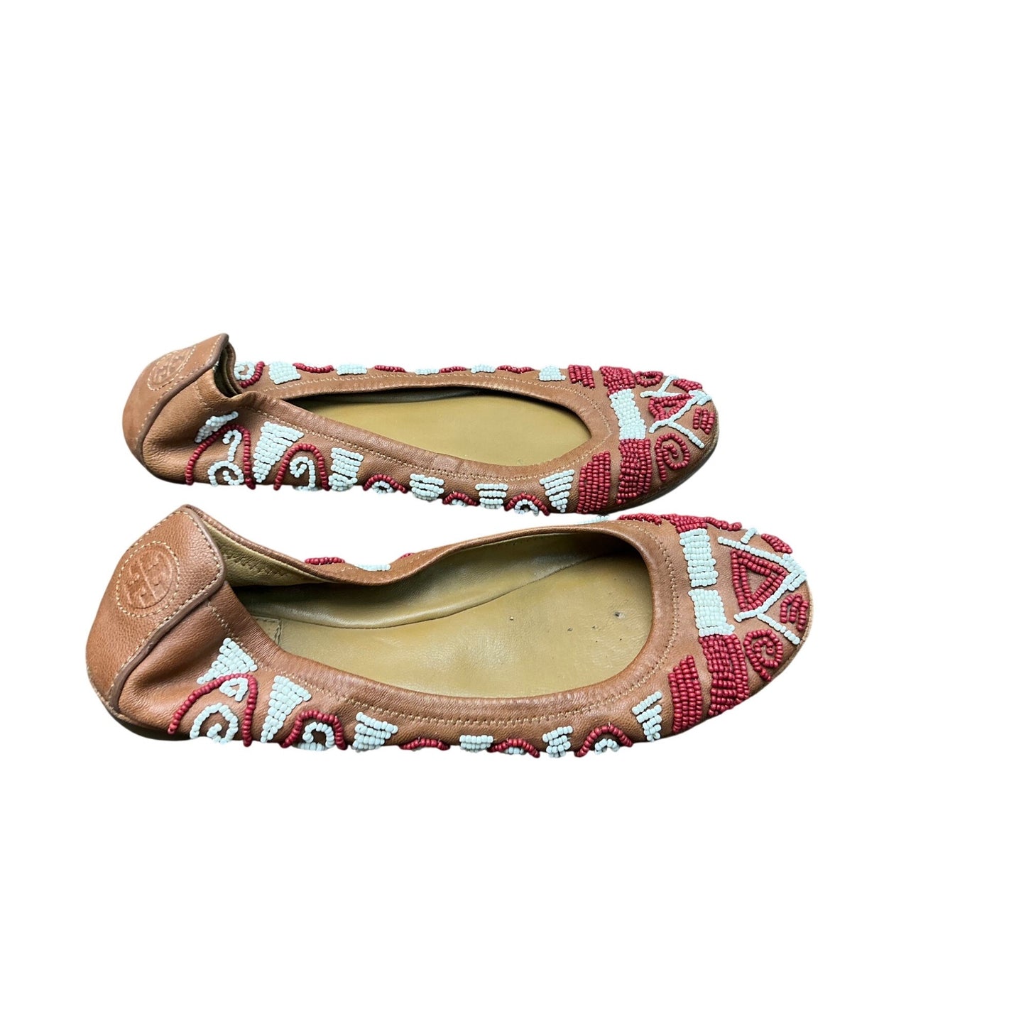 Tory Burch Beaded Ballet Flats Tan Leather Reva Style Boho Embellished  Sz 7