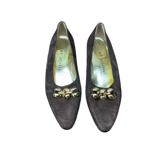 Vintage St. John Brown Suede Loafers Gold Chain Detail Designer Flats Size 6.5B