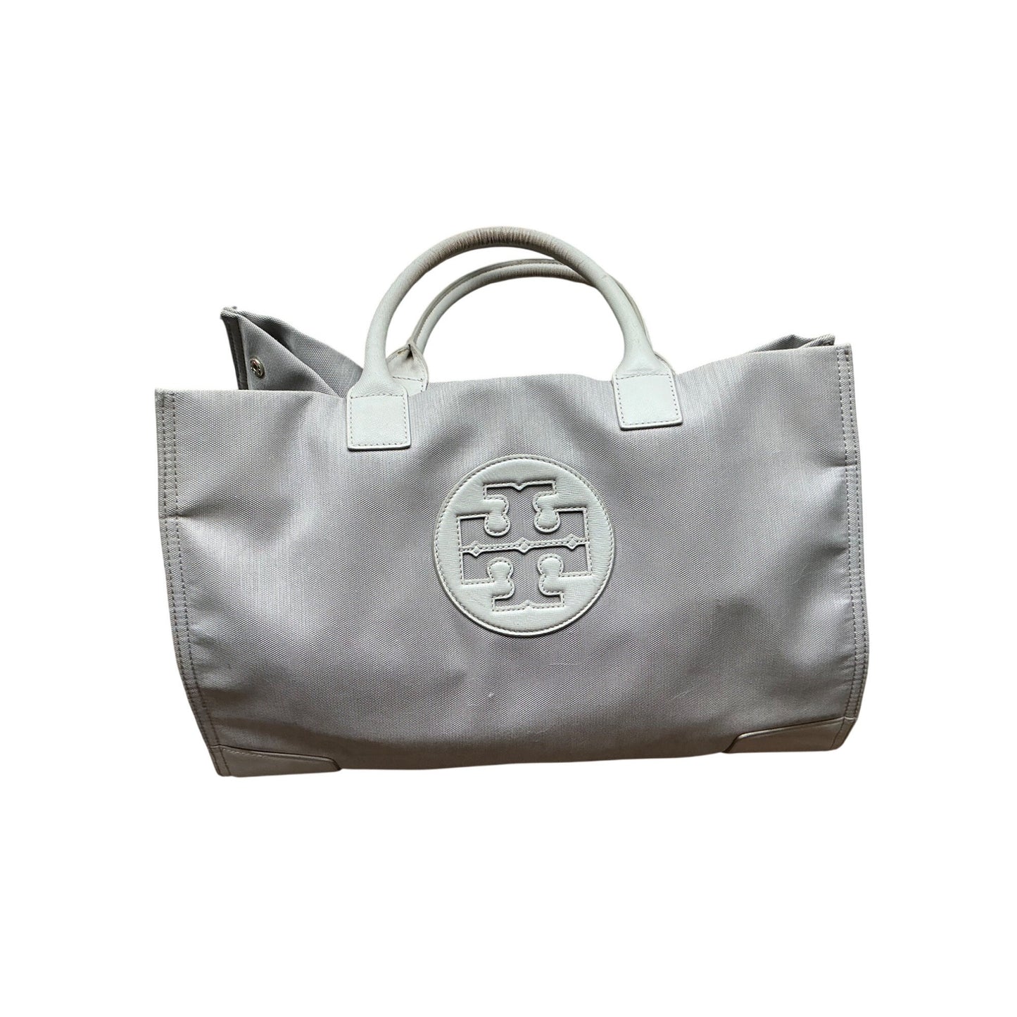 Tory Burch Ella Gray Canvas Tote White Leather Trim Large Logo Shoulder Bag