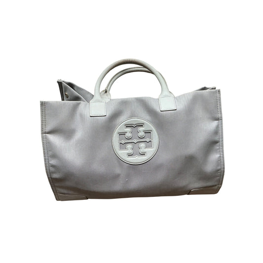 Tory Burch Ella Gray Canvas Tote White Leather Trim Large Logo Shoulder Bag