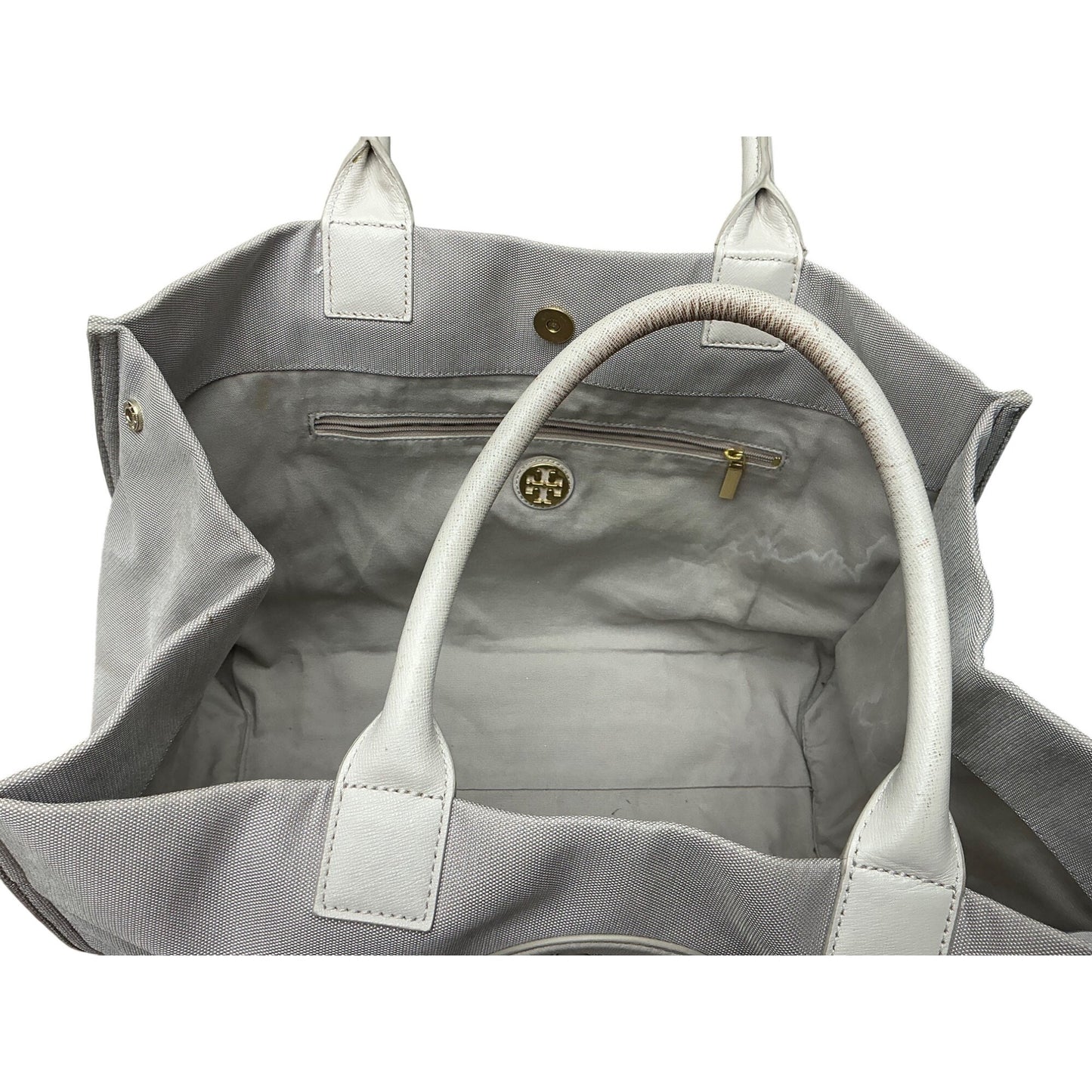 Tory Burch Ella Gray Canvas Tote White Leather Trim Large Logo Shoulder Bag