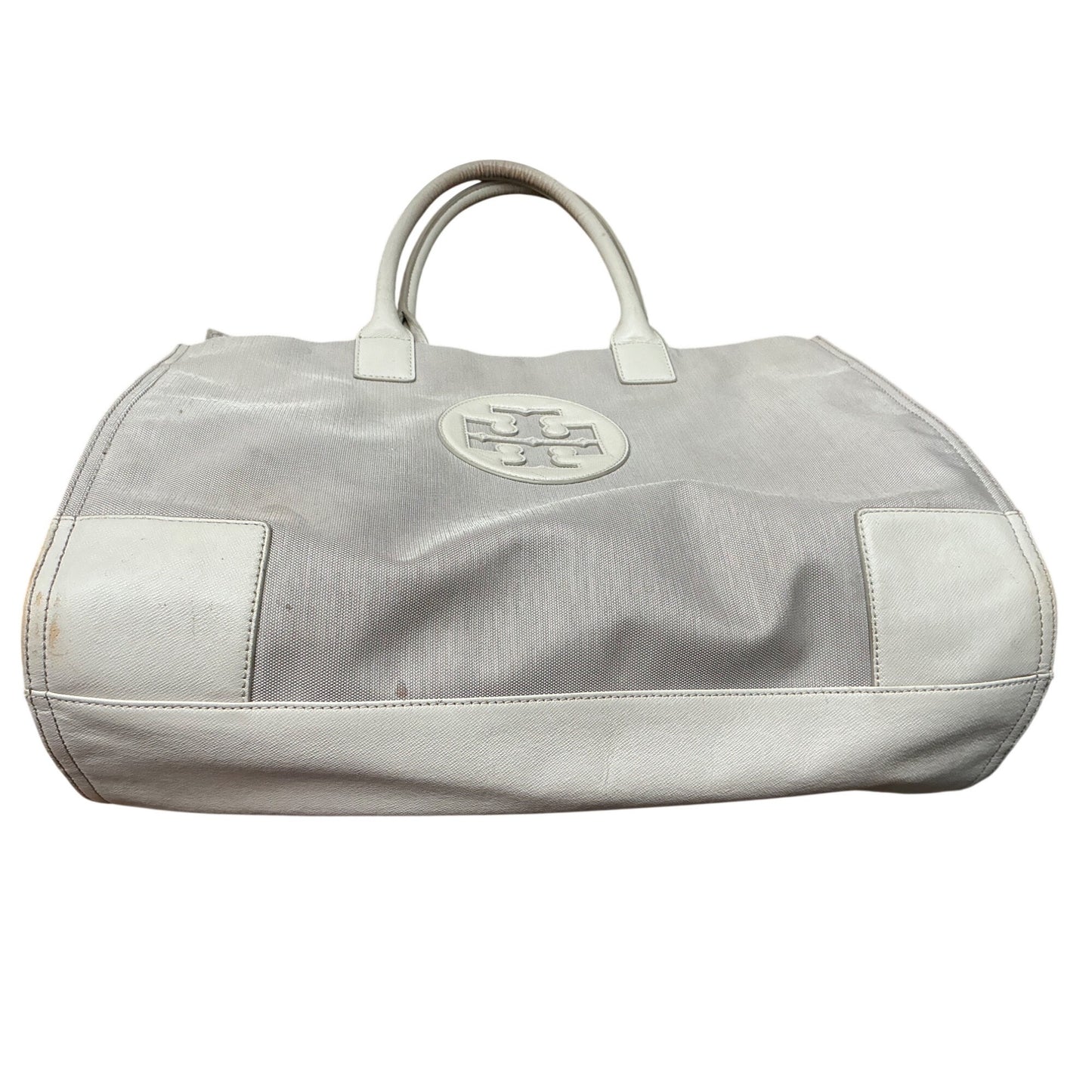 Tory Burch Ella Gray Canvas Tote White Leather Trim Large Logo Shoulder Bag