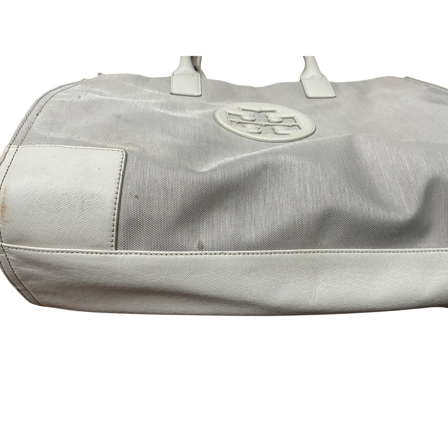Tory Burch Ella Gray Canvas Tote White Leather Trim Large Logo Shoulder Bag