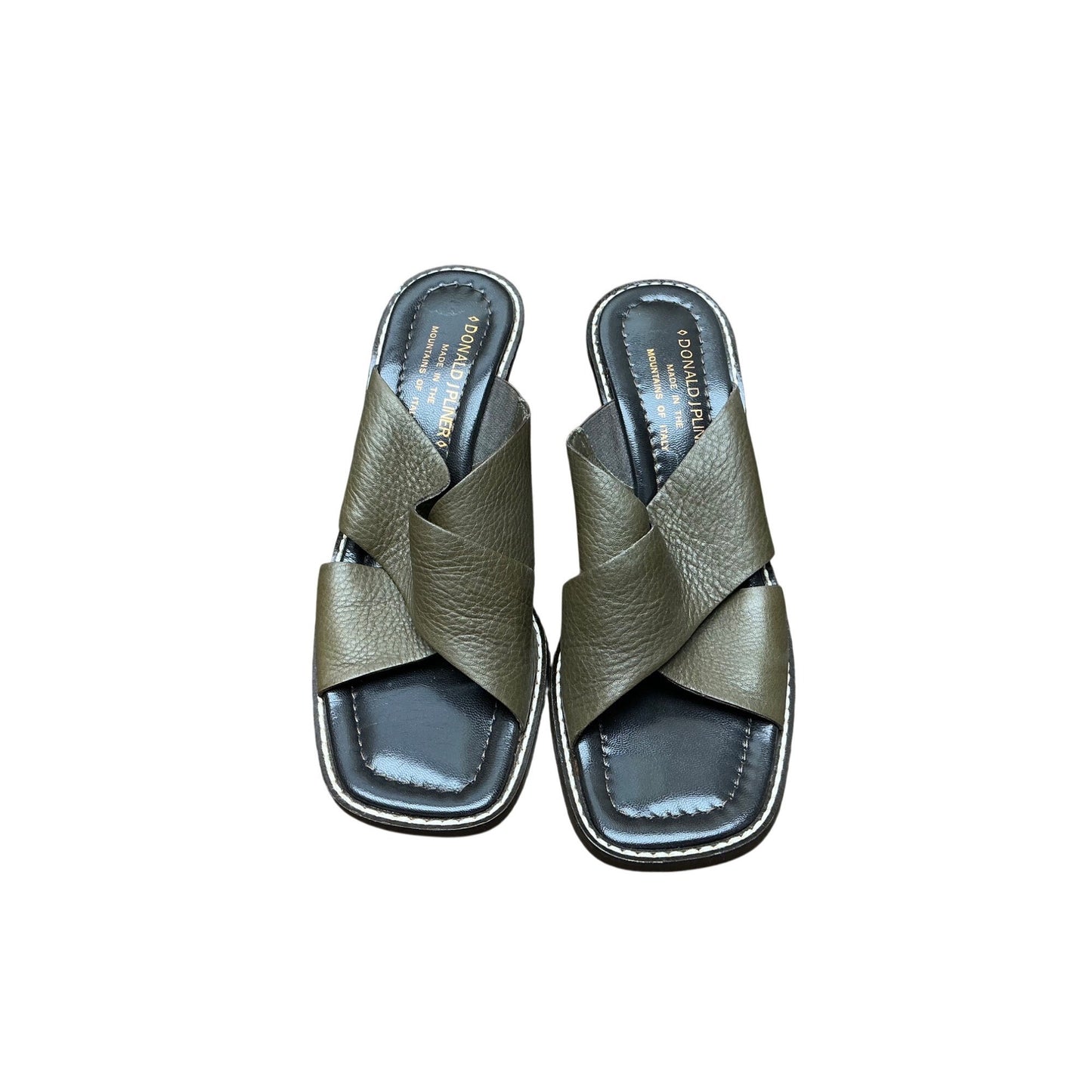 Donald Pliner Olive Green Leather Slide Sandals Minimalist Wide Strap Comfort Chic Sz 6.5 M