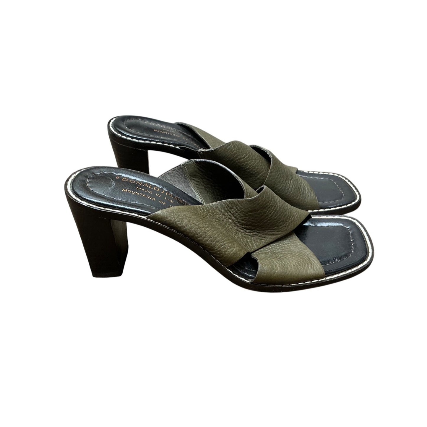 Donald Pliner Olive Green Leather Slide Sandals Minimalist Wide Strap Comfort Chic Sz 6.5 M
