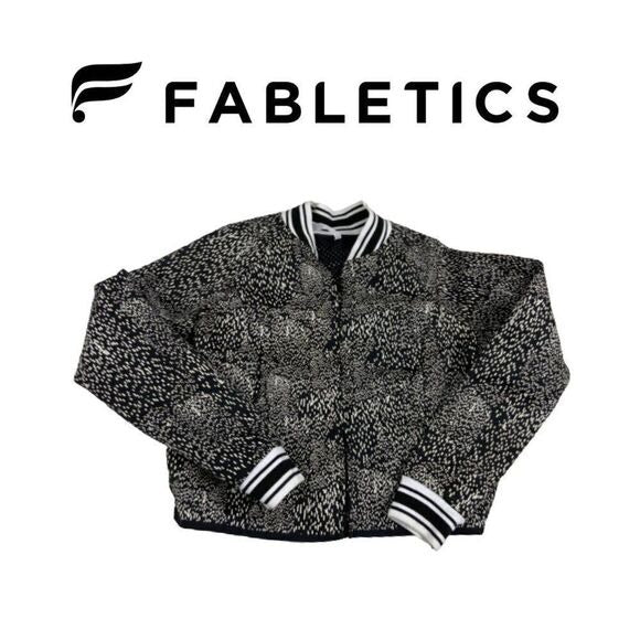 Fabletics Black White Speckled Bomber Jacket Full Zip Athletic Sz XS