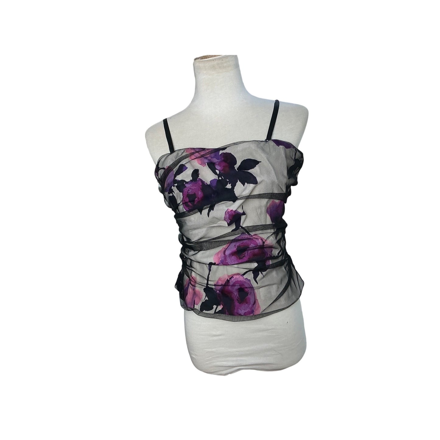 White House Black Market Sheer Floral Mesh Ruched Cami Top Y2K Black Purple Sz 8