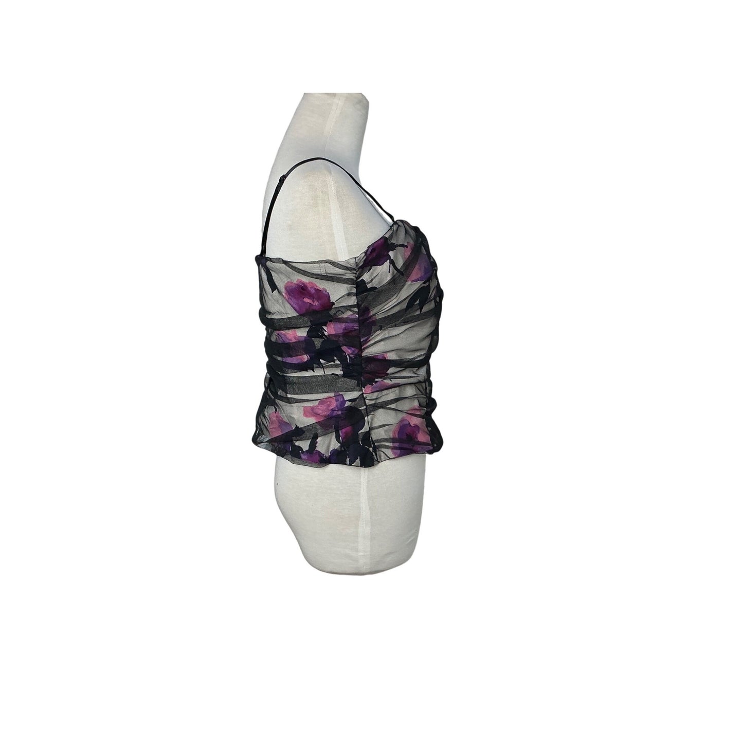 White House Black Market Sheer Floral Mesh Ruched Cami Top Y2K Black Purple Sz 8