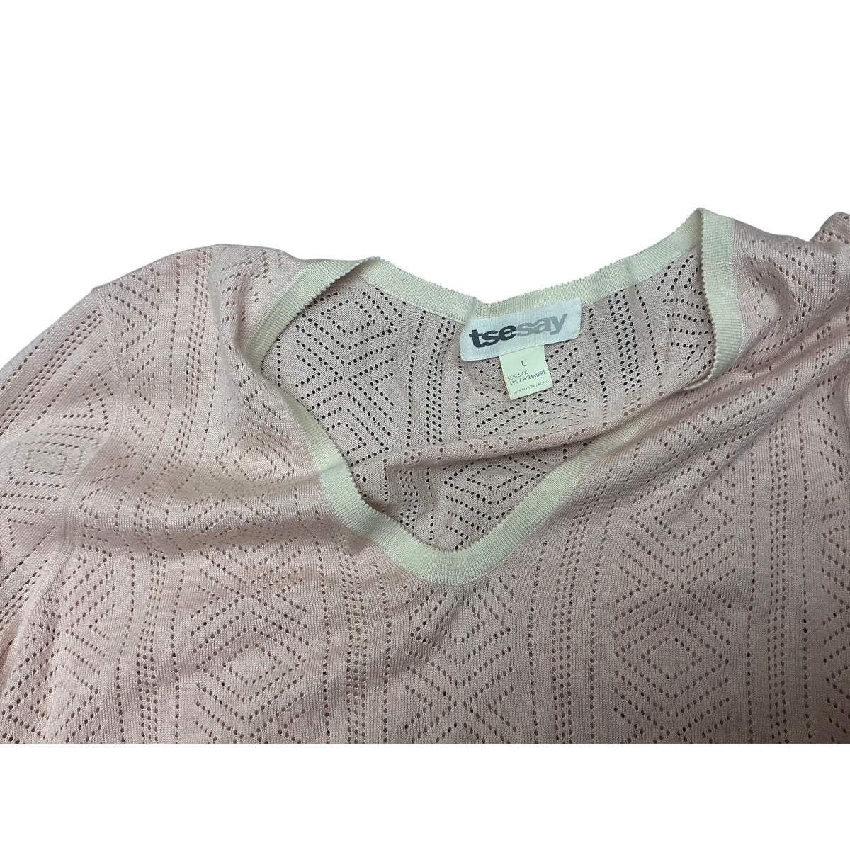 TSE Say Women’s Silk Cashmere Pointelle V-Neck Sweater Blush Mint Size L