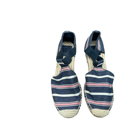 Tory Burch Striped Espadrille Flats Blue Canvas Ankle Strap Summer  Sz 7.5