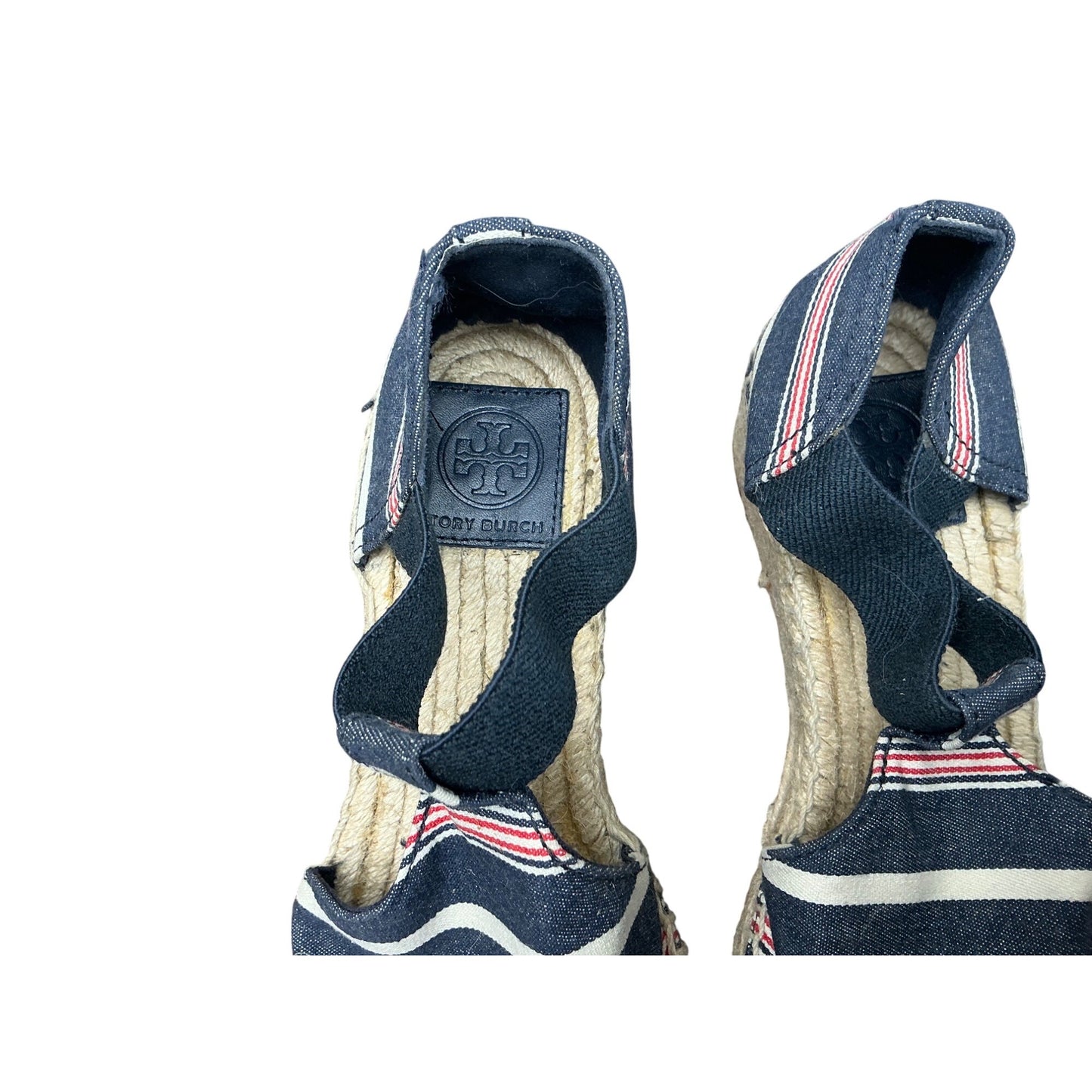 Tory Burch Striped Espadrille Flats Blue Canvas Ankle Strap Summer  Sz 7.5
