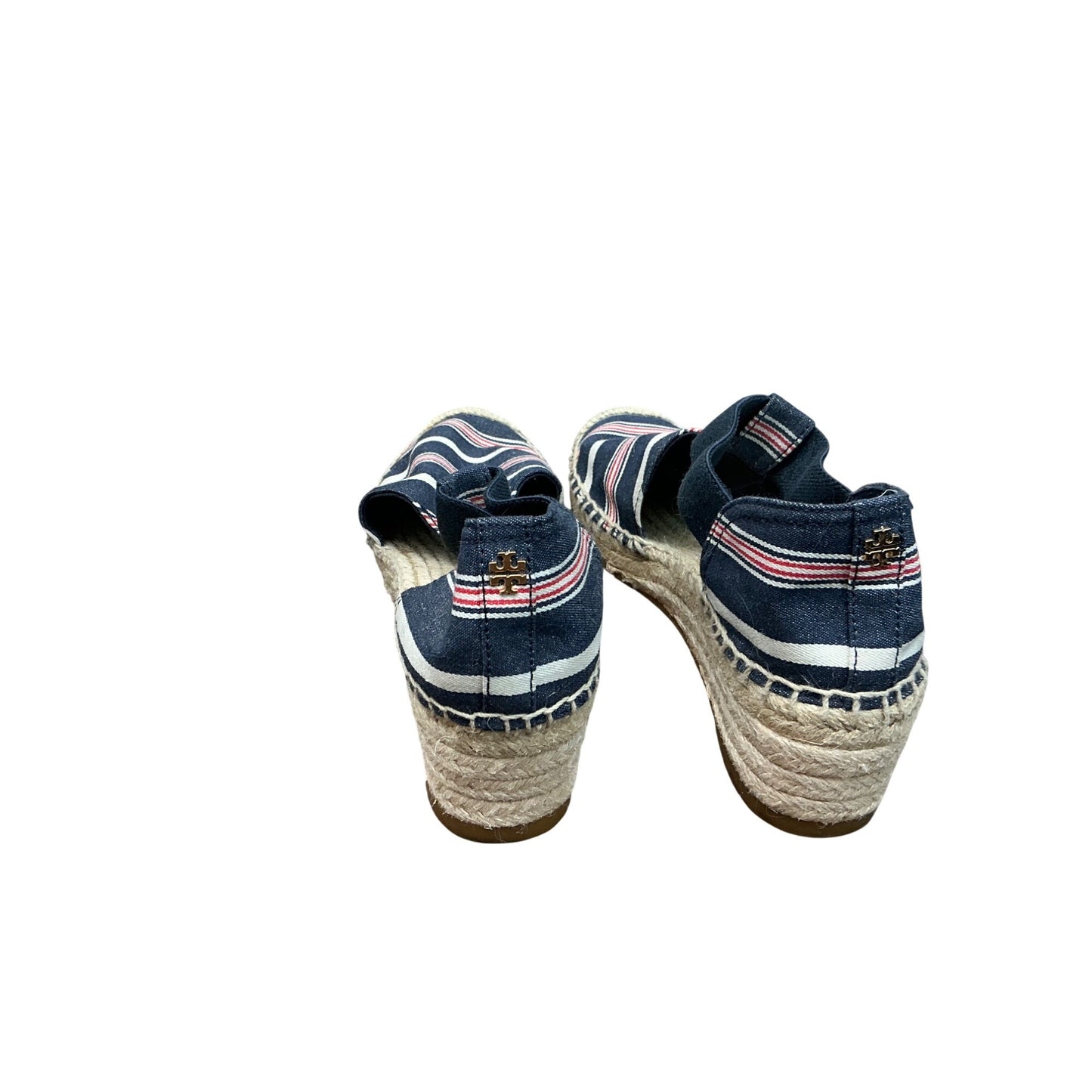 Tory Burch Striped Espadrille Flats Blue Canvas Ankle Strap Summer  Sz 7.5