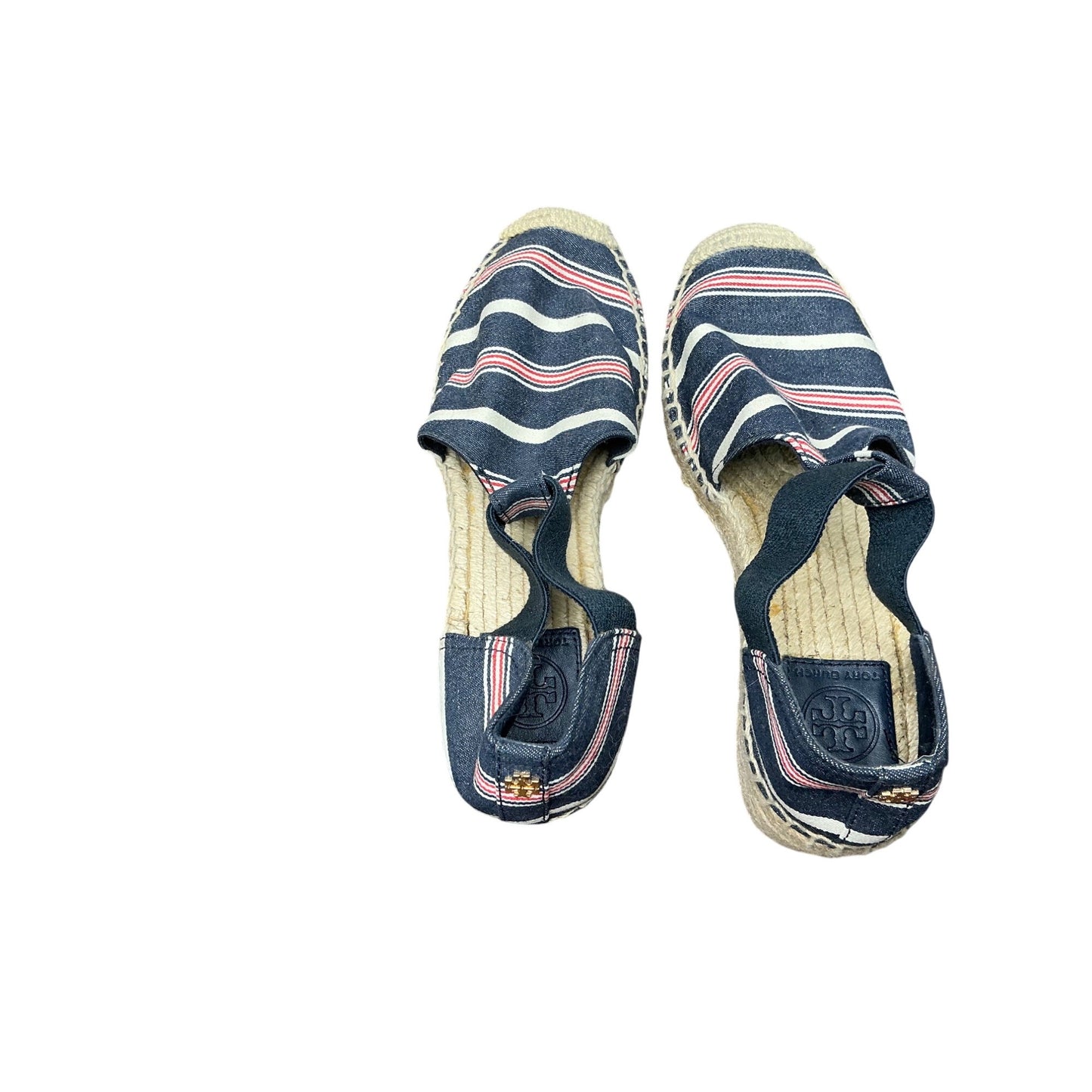 Tory Burch Striped Espadrille Flats Blue Canvas Ankle Strap Summer  Sz 7.5