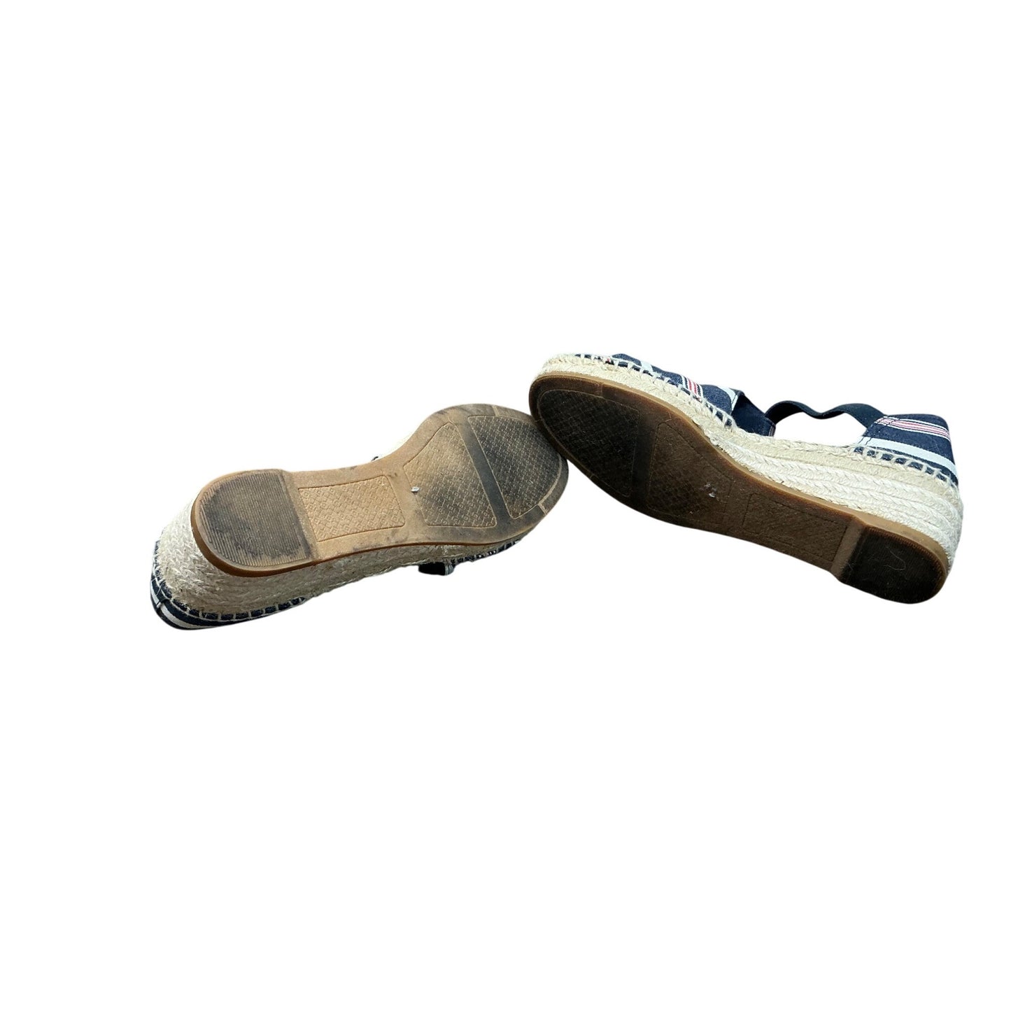 Tory Burch Striped Espadrille Flats Blue Canvas Ankle Strap Summer  Sz 7.5