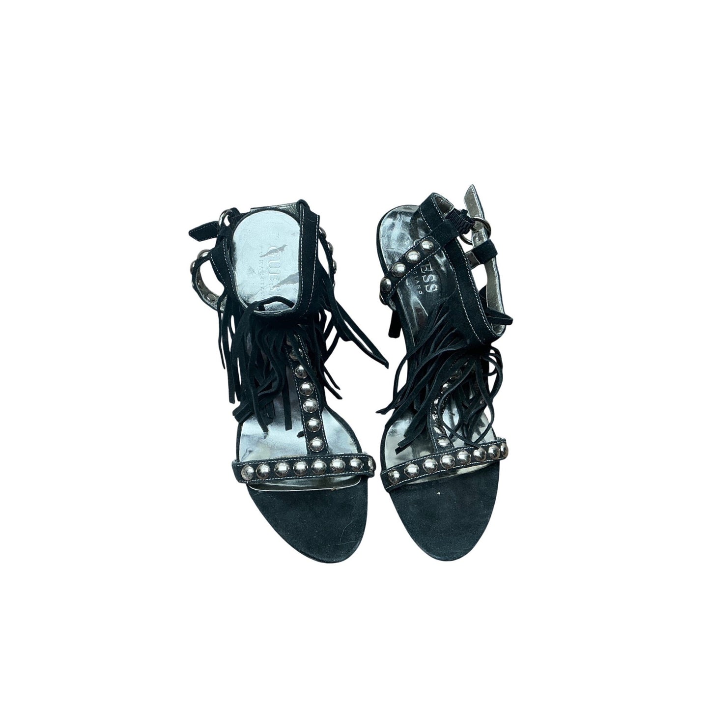 Guess Black Fringe Studded Gladiator Sandals Ankle Strap Heels Women’s Size 6m