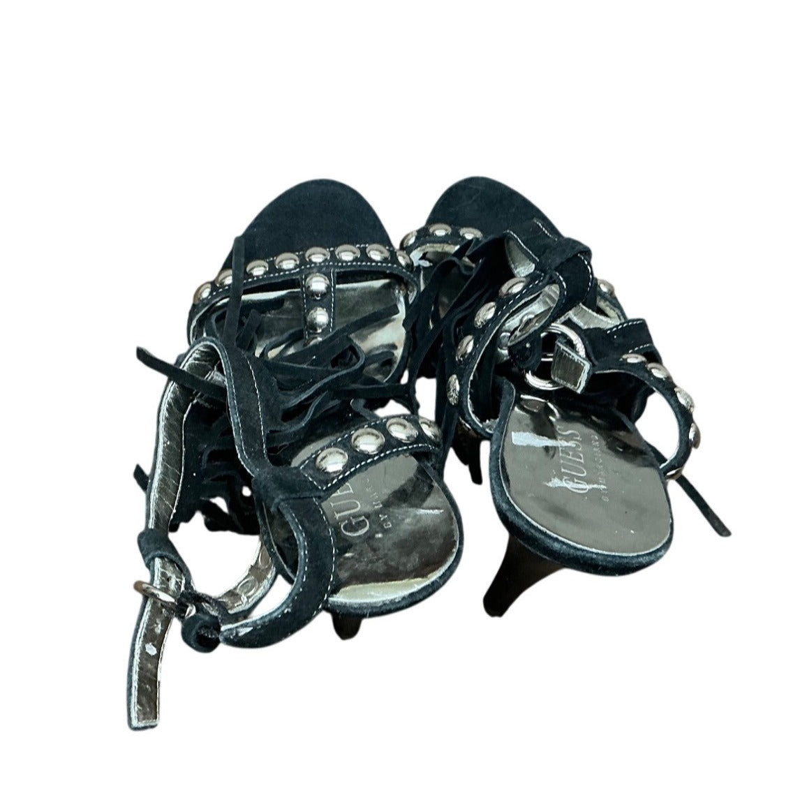 Guess Black Fringe Studded Gladiator Sandals Ankle Strap Heels Women’s Size 6m