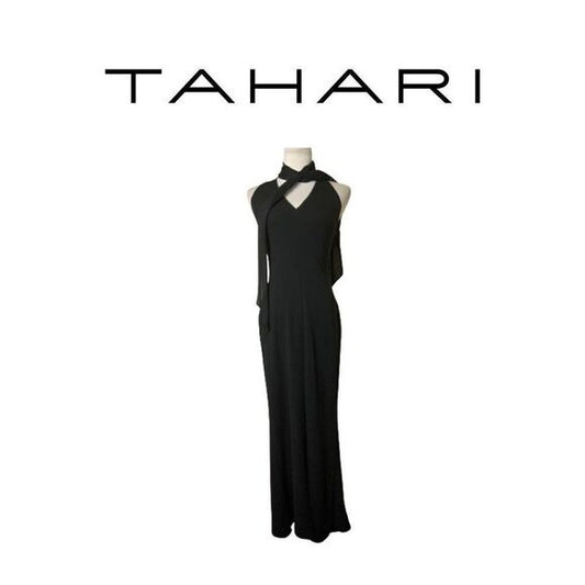 Tahari Black Halter Scarf Neck Evening Gown SZ XSP