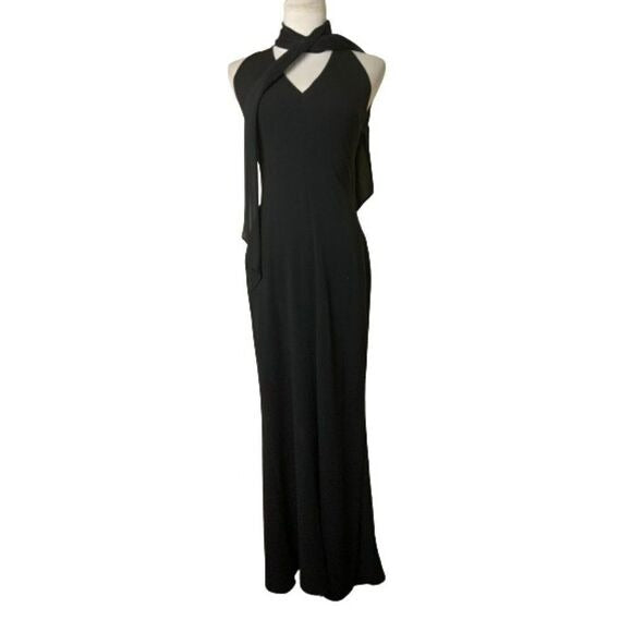 Tahari Black Halter Scarf Neck Evening Gown SZ XSP